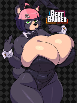 4_fingers accessory ahoge anthro bangs big_breasts black_body black_bow_tie black_claws black_clothing black_ears black_finger_claws black_fur black_lips black_nose black_tail blunt_bangs bow_ribbon bow_tie breasts bunny_costume checkered checkered_background claws cleavage clothed clothed_anthro clothed_female clothing costume countershade_face countershade_torso countershading fake_ears fake_rabbit_ears female female_anthro finger_claws fingers front_view fur gesture green_eyes hair hair_accessory hand_gesture huge_breasts lidded_eyes lips looking_at_viewer middle_finger mismatched_ears multicolored_body multicolored_ears multicolored_fur multicolored_hair navel_outline pattern_background pink_ears pink_hair pupils purple_hair shirt_collar shirt_cuffs simple_background solo standing tail tan_body tan_breasts tan_countershading tan_fur tan_inner_ear thick_thighs voluptuous_anthro voluptuous_female wide_hipped_anthro wide_hipped_female wide_hips skay_smidyth_samuel beat_banger bunfan_games jasmine_(beat_banger) bear mammal 2026 3:4 absurd_res digital_media_(artwork) hi_res