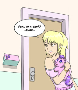 ambiguous_feral ambiguous_gender blonde_hair bracelet brown_eyes clothed clothed_human clothing dialogue door duo exposed_shoulder eyelashes female female_human feral fur hair holding_another jewelry light_body light_skin lips pink_body pink_clothing pink_fur pink_lips pink_topwear purple_eyes purple_hair speech_bubble text topwear young young_ambiguous young_feral carpdime fluffy_pony fluffy_pony_(species) human mammal 2021 digital_media_(artwork) english_text hi_res