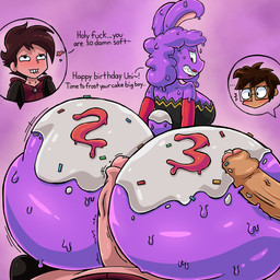 anthro big_butt big_penis birthday blush bodily_fluids brown_hair butt eyewear female foreskin frosting genital_fluids genitals glasses group hair happy_birthday heart_symbol hot_dogging lipstick makeup male male/female penis precum profanity purple_body purple_hair red_eyes sex sharp_teeth sprinkles teeth text trio vein veiny_penis spicyredacted bunnita_(spicysierra) sierra_(spicysierra) goo_creature human lagomorph leporid mammal rabbit 1:1 english_text hi_res