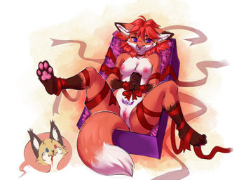anthro areola bdsm blood blue_eyes bodily_fluids bondage bound breasts brown_body brown_fur choker dipstick_arms dipstick_ears dipstick_legs dipstick_tail ear_markings ear_tuft female fur genitals gift hair heterochromia holidays jewelry male markings multicolored_ears necklace nosebleed orange_body orange_fur pawpads presenting purple_eyes reaction_shot red_eyes red_hair ribbon_bondage ribbons solo spread_legs spreading tail tail_markings tuft vulva white_body white_fur womb_tattoo gimka christmas brokaz_(crimsir) raen_(crimsir) canid canine domestic_cat felid feline felis fox maine_coon mammal 2025 hi_res