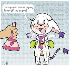 accessory aroused aroused_smile blush bodily_fluids claws clothed clothing coat dialogue eyelashes eyewear female fur glasses gloves handwear lab_coat necktie open_mouth smile solo sweat tail teeth text topwear white_body white_fur mr_harinezumi bandai_namco digimon bianc_(el_senor_erizo) digimon_(species) felid gatomon mammal hi_res spanish_text translated