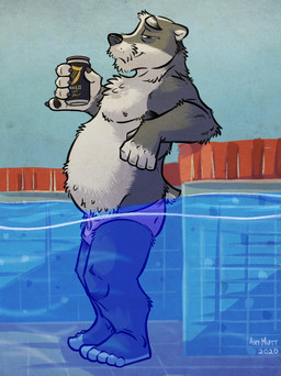5_fingers alcohol anthro beer beverage black_body black_fur black_nose can clothing container detailed_background fingers fur humanoid_hands looking_at_viewer male mature_male moobs nipples outside slightly_chubby solo swimming_pool swimwear white_body white_fur k-9 badger mammal mustelid musteline 2026 hi_res