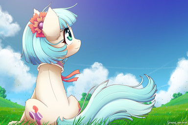 accessory blue_eyes blue_hair blush cloud cutie_mark female feral flower flower_in_hair grass hair hair_accessory multicolored_hair plant sky smile solo two_tone_hair wind symbianl friendship_is_magic hasbro my_little_pony coco_pommel_(mlp) earth_pony equid equine horse mammal pony 2020 3:2 digital_media_(artwork) hi_res