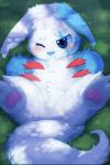 ambiguous_gender blue_body blue_eyes blue_fur blush bodily_fluids featureless_crotch feral fur one_eye_closed pawpads semi-anthro solo tail tears white_body white_fur kake0078 nintendo pokemon generation_3_pokemon pokemon_(species) shiny_pokemon zangoose absurd_res hi_res