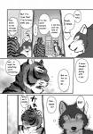 2014 akira_(maririn) anthro blush bodily_fluids bookshelf canid canine canis comic dialogue duo english_text eyes_closed fangs felid furniture greyscale hi_res kazuhiro_nakata male male/male mammal maririn monochrome pantherine shy smile sweat teeth text tiger wolf