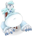 anthro belly big_belly blue_clothing blue_hair blue_shirt blue_topwear bottomwear breasts chair clothing deep_navel denim denim_bottomwear denim_clothing female furniture hair huge_belly jeans navel overweight pants shirt simple_background sitting solo topwear white_background nightmarebros virus-20 wendy_wolf_(virus-20) canid canine canis mammal wolf 2023