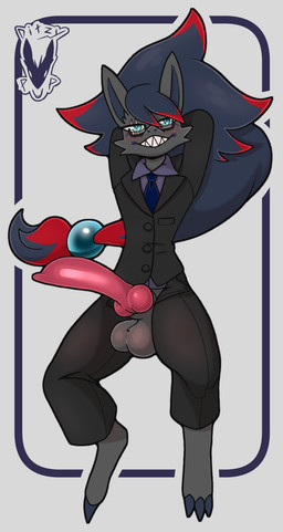 accessory animal_genitalia anthro balls big_balls big_hair big_penis biped canine_genitalia clothing collared_shirt dress_shirt erection eyewear genitals glasses grin hair hair_accessory hands_behind_head huge_balls huge_penis knot knotted_penis lying male multicolored_hair necktie on_back penis pointy_ears scar sharp_teeth shirt simple_background smile solo suit tapering_penis teeth topwear two_tone_hair ditzy_pup nintendo pokemon bann generation_5_pokemon pokemon_(species) zoroark hi_res