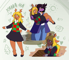 anthro blonde_hair blush bottomwear brown_body brown_fur clothing dialogue duo female female/female fur hair holding_character horn jacket pants purple_body simple_background skirt smile standing tail text topwear maynara deltarune undertale_(series) noelle_holiday susie_(deltarune) deer mammal new_world_deer reindeer reptile scalie 2026 digital_media_(artwork) english_text hi_res