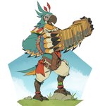 3_toes anthro bandoneon beak black_beak bottomwear clothed clothing feet male musical_instrument pants simple_background solo standing toes pterro breath_of_the_wild nintendo the_legend_of_zelda kass_(tloz) avian rito 2020 absurd_res hi_res