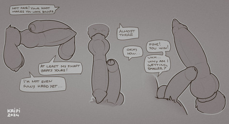animal_genitalia animal_penis anthro attribute_theft balls becoming_erect bird's-eye_view dialogue duo first_person_view foreskin frottage genitals genitals_shrinking high-angle_view humanoid_genitalia humanoid_penis knot knotted_penis male male/male partially_retracted_foreskin penile penis penis_shrinking penises_touching sex side_view size_difference size_theft speech_bubble text touching_penis unretracted_foreskin kripi mikko_(mikkoad) canid canine felid feline mammal 2024 digital_drawing_(artwork) digital_media_(artwork) english_text hi_res monochrome