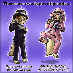 anthro biped black_clothing black_markings black_nose black_suit bow_tie cake cheek_tuft claws clothed clothing collared_shirt dessert dress_shirt eyebrows facial_markings facial_tuft food front_view furgonomic_headwear furgonomics green_eyes hat head_markings headgear headwear holding_cake holding_food holding_fork holding_object jumping looking_aside looking_at_viewer male markings mask_(marking) messy open_mouth pawpads shirt simple_background solo standing suit tan_body tan_clothing text toe_claws tongue tongue_out top_hat topwear tuft white_clothing white_shirt white_topwear young young_anthro young_male pux curiousferret domestic_ferret mammal mustelid musteline true_musteline weasel 1:1 2025 english_text hi_res
