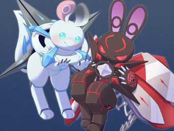 anthro biped black_body blue_body blue_eyes claws closed_smile digitigrade duo finger_claws floating front_view handpaw looking_aside mouth_closed multicolored_body paws pose rabbit_ears red_body red_eyes segmented_body simple_background smile transparent_background two_tone_body white_body chikuwaburo yu-gi-oh! super_quantal_fairy_alphan super_quantal_fairy_zetan duel_monster robot_anthro 2025 4:3 absurd_res alpha_channel digital_drawing_(artwork) digital_media_(artwork) hi_res shaded soft_shading