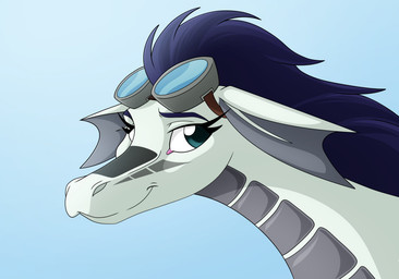blue_eyebrows blue_hair eyebrows eyewear female feral goggles hair happy multicolored_body solo teal_eyes white_body s7v8 mythology dragon mythological_creature mythological_scalie scalie portrait shaded