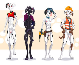 abs aged_up anthro anthrofied armor athletic athletic_male balls belt bottomless bottomless_anthro bottomless_male breasts clothed clothing collar eyewear eyewear_on_head feet fingers flaccid foreskin fur genitals gloves goggles goggles_on_head group handwear hard_hat headgear helmet holding_drill holding_object holding_tool humanoid_genitalia humanoid_penis looking_at_viewer male mostly_nude navel nipples nude partially_retracted_foreskin pecs penis safety_vest screwdriver simple_background smile standing tail toes tongue tongue_out tools topwear vest white_body white_fur dal101strefan 101_dalmatian_street 101_dalmatians disney dante_(101_dalmatians) dawkins_(101_dalmatians) diesel_(101_dalmatians) dylan_(101_dalmatians) canid canine canis dalmatian domestic_dog mammal digital_media_(artwork) hi_res