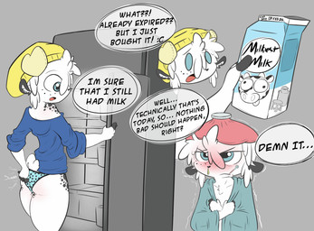 5_fingers angry anthro appliance beanie biped blue_clothing blue_eyes bottomwear breasts butt clothed clothing container cooler female fingers fluffy fluffy_tail fridge front_view fur hair hand_on_butt hat headgear headwear humor ill kitchen_appliance markings messy_hair milk milk_container panties partially_clothed partially_clothed_female pivoted_ears rear_view scratching scratching_butt shaking shivering short_hair simple_background small_breasts solo spots spotted_body spotted_fur tail text thick_thighs underwear white_body white_fur white_hair yellow_clothing daweregoat abril_(daweregoat) bovid caprine goat mammal absurd_res english_text hi_res