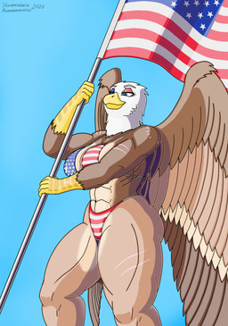 american_flag american_flag_bikini anthro beak becky_(seemirbrandy) big_breasts bikini blue_eyes breasts brown_body brown_feathers clothing feathers female flag_bikini flag_swimwear holidays makeup muscular muscular_female solo swimwear thick_thighs two-piece_swimsuit united_states_of_america white_body white_feathers wide_hips wings skueeeakerz 4th_of_july mythology avian gryphon mythological_avian mythological_creature absurd_res hi_res