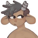 ambiguous_gender anthro blush broken_horn brown_body brown_fur front_view frown fur grey_hair grey_horn hair horn looking_aside nude shaved_sides short_hair simple_background solo white_background manitka manitka_storm bovid bovine cattle mammal 1:1 2021 bust_portrait digital_media_(artwork) low_res portrait