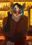 alcohol anthro bar beverage blue_hair clothing eyewear fur grey_body grey_fur hair jacket looking_at_viewer male smile smiling_at_viewer smirk smirking_at_viewer solo sunglasses topwear fleki kalus hi_res