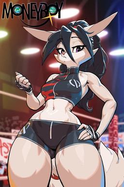 5_fingers anthro black_bottomwear black_clothing black_fingerless_gloves black_gloves black_hair black_handwear black_shorts blurred_background bottomwear breasts clothing countershading eyebrow_through_hair eyebrows female fighting_ring fingerless_gloves fingers fluffy fluffy_tail fur gloves grey_body grey_fur hair hand_on_hip handwear looking_at_viewer low-angle_view navel ponytail purple_eyes shorts solo tail text translucent translucent_hair unimpressed oughta astrid_(oughta) felid feline lynx mammal 2025 2:3 hi_res remake