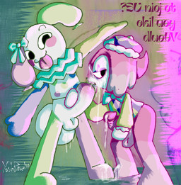 accessory anal anal_penetration anthro autopenetration backwards_text balloon balls blush bodily_fluids bow_(feature) bow_accessory bow_ribbon bow_tie butt clothed clothing clown costume cum cum_in_ass cum_inside cum_on_face cum_on_feet cum_on_penis cum_on_self dialogue duo ears_down ejaculation erection excessive_cum excessive_genital_fluids feet flirting foreskin genital_fluids genitals green_body hair hair_accessory hair_bow hair_ribbon half_naked happy headgear headwear holidays inflatable looking_at_viewer makeup male male/male masturbation mime multicolored_body mutual_masturbation penetration penile penis pink_body pivoted_ears pose posing_for_the_viewer presenting presenting_body purple_body ribbons sharing_cum smile tail tail_fetish tail_in_ass tail_insertion tail_play text tongue tongue_out topwear white_body yellow_body yoshreveluv blushcrunch_studio dandy's_world easter roblox blot_(dandy's_world) looey_(dandy's_world) animate_inanimate humanoid toon_(dandy's_world) digital_drawing_(artwork) digital_media_(artwork) english_text mixed_media pen_(artwork) photo_manipulation photography_(artwork) shaded traditional_media_(artwork)