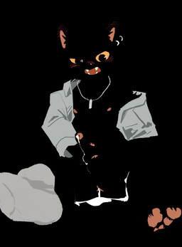 anthro balls black_background black_body blush bodily_fluids bottomwear bottomwear_around_one_leg bottomwear_down clothed clothing clothing_around_one_leg coat cum cum_drip dripping ear_piercing ear_ring erection foreskin genital_fluids genitals holding_penis humanoid_genitalia humanoid_penis jewelry male necklace negative_space open_clothing open_coat open_mouth open_topwear pants pants_around_one_leg partially_retracted_foreskin penis piercing ring_piercing simple_background sitting solo topwear yellow_sclera onion_y1 domestic_cat felid feline felis mammal hi_res