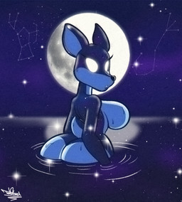 anthro big_breasts big_butt black_nose breasts brown_body brown_fur butt constellation countershading curvy_figure empty_eyes female fur glowing glowing_eyes looking_back moon night nude orion_(constellation) scorpius_(constellation) scut_tail sea short_tail sky solo star tail teeth water white_body white_countershading white_eyes wide_hips tansau deer mammal 2025 signature