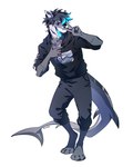 4_toes 5_fingers anthro black_hair blue_eyes clothed clothing eyebrows eyelashes feet fingers hair male open_mouth smile solo teeth toes tongue reilukah mishark fish marine shark 2022 4:5 digital_media_(artwork)