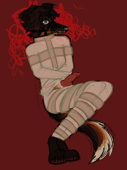 animal_genitalia animal_penis anthro bdsm blue_eyes bondage bound brown_body brown_fur brown_hair canine_genitalia canine_penis erection fur genitals hair knot male muzzle_(object) muzzled penis red_background restraints simple_background solo straitjacket puppy_meats rottingxrooster rooster_(rottingxrooster) canid canine canis domestic_dog mammal 2024 hi_res