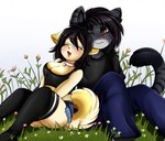 anthro bell bell_collar black_hair collar duo eyes_closed eyewear female flower glasses grass hair leaning_on_another long_hair male plant relaxing sitting smile tongue pridark disterious canid canine canis domestic_dog felid feline mammal shiba_inu spitz