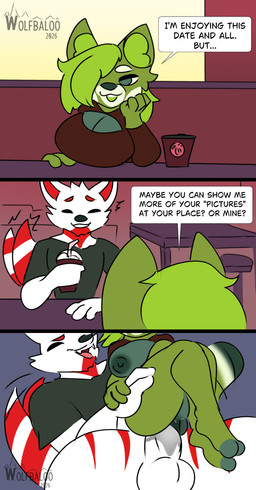 anthro balls bodily_fluids breasts clothed clothing dialogue erection female female_penetrated fur genital_fluids genitals green_body green_fur hair male male/female male_penetrating male_penetrating_female nipples nude penetration penile penile_penetration penis penis_in_vagina sex shortstack size_difference smile tail text vaginal vaginal_penetration wolfbaloo diesa_(wolfbaloo) ailurid canid canine fox mammal red_panda comic digital_media_(artwork) english_text hi_res
