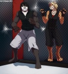 angry anthro black_hair clothed clothing duo facial_hair female green_eyes hair hoodie male mixed_martial_arts standing teeth topwear stoopix violet_(pnkng) bear giant_panda mammal 2012