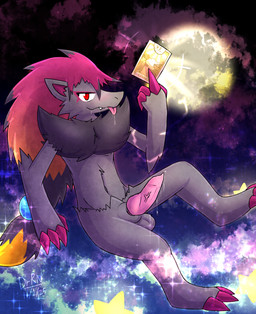 balls bodily_fluids card dripping drooling genital_fluids genitals knot light major_arcana male moonlight precum precum_drip saliva solo star tarot tarot_card the_lovers_(tarot) tongue darkanroc nintendo pokemon generation_5_pokemon pokemon_(species) zoroark hi_res
