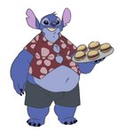 4_toes aloha_shirt anthro anthrofied biped black_bottomwear black_clothing black_shorts blue_body blue_claws blue_eyes blue_fur blue_nose bottomwear burger claws clothing feet food fur grin head_tuft holding_food holding_object holding_tray male navel notched_ear overweight overweight_anthro overweight_male pattern_clothing pattern_shirt pattern_topwear red_clothing red_shirt red_topwear shirt shorts simple_background smile solo toes topwear tray tuft white_background maxpany disney lilo_and_stitch stitch_(lilo_and_stitch) alien experiment_(lilo_and_stitch) 2022 digital_media_(artwork) flat_colors