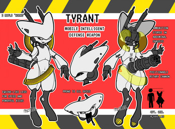 :3 abstract_background black_sclera bullet bullet_belt chart grey_body grey_metal gun height_chart hooves machine male male_humanoid oil outline ranged_weapon smile solo tail tail_gun text weapon weapon_tail white_body white_eyes white_metal white_outline boxwater tyrant_(boxwater) android humanoid robot robot_humanoid 2025 artist_name digital_drawing_(artwork) digital_media_(artwork) english_text full-length_portrait hi_res model_sheet multiple_images portrait