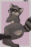 2024 anthro anus breasts butt digital_media_(artwork) feet female fur genitals green_eyes hi_res looking_at_viewer looking_back mammal nipples nude open_mouth presenting presenting_hindquarters procyonid pussy raccoon rear_view simple_background smile solo sylo tail