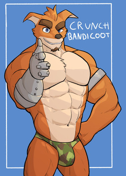 abs anthro armband barazoku beard bulge camo clothing countershading facial_hair gesture hand_gesture hand_on_hip looking_at_viewer male muscular muscular_anthro muscular_male navel pecs pointing pointing_at_viewer pose prosthetic prosthetic_arm prosthetic_limb smile solo standing text underwear jrjresq activision crash_bandicoot_(series) crunch_bandicoot bandicoot mammal marsupial 2021 better_version_at_source character_name hi_res irreplaceable_bvas pinup portrait three-quarter_portrait unavailable_at_source