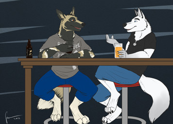 alcohol anthro barefoot beer beverage black_clothing black_shirt black_t-shirt black_topwear blue_bottomwear blue_clothing blue_eyes blue_pants bottomwear brown_eyes cheek_tuft clothed clothing duo facial_tuft feet fur grey_body grey_clothing grey_fur grey_shirt grey_t-shirt grey_topwear head_tuft holding_beverage holding_object male male_anthro neck_tuft open_mouth pants shirt simple_background sitting slim_anthro slim_male t-shirt tan_body tan_fur topwear tuft white_body white_fur hufnaar canid canine mammal 2014 dated hi_res