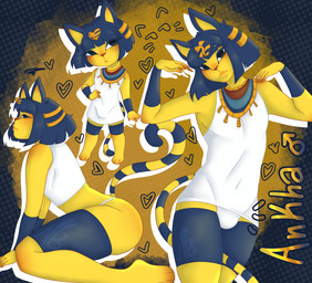 anthro big_butt blue_hair blush butt chibi clothed clothing dancing egyptian egyptian_clothing egyptian_headdress femboy fur gold_(metal) gold_jewelry hair headdress headgear jewelry legwear looking_at_viewer male markings raised_tail simple_background sitting sitting_on_ground solo stockings striped_markings striped_tail stripes tail tail_markings text thick_thighs thigh_highs tsundere yellow_body neptunebunny animal_crossing nintendo ankha_(animal_crossing) animal_humanoid cat_humanoid domestic_cat felid felid_humanoid feline feline_humanoid felis humanoid mammal mammal_humanoid digital_media_(artwork) hi_res