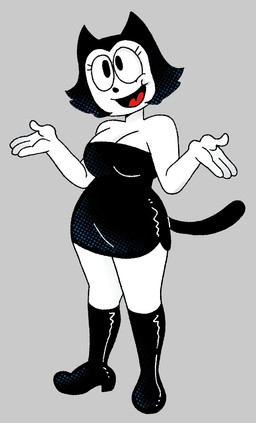 4_fingers anthro arms_bent bare_shoulders big_breasts big_eyes big_mouth_(anatomy) biped black_boots black_clothing black_dress black_eyes black_footwear black_hair black_nose black_tail boots breasts cleavage cleavage_overflow clothed clothed_anthro clothed_female clothing crossgender dark_hair dress eyelashes female fingers footwear fur gesture glistening glistening_boots glistening_clothing glistening_dress glistening_footwear grey_background hair high_heeled_boots high_heels humanoid_hands iris knee_boots knee_highs legwear light_body light_fur long_eyelashes looking_forward monotone_background mtf_crossgender no_pupils open_mouth open_smile red_tongue shoes short_dress short_hair shrug simple_background smile solo standing straight_legs tail three-quarter_view tongue white_body white_breasts white_fur white_sclera 4chan_anon unknown_artist felix_the_cat_(series) felix_the_cat domestic_cat felid feline felis mammal 2025 digital_drawing_(artwork) digital_media_(artwork) full-length_portrait hi_res portrait