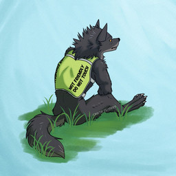 ambiguous_gender anthro claws clothing empty_eyes fangs fur grey_body grey_fur service_dog_harness simple_background sitting sitting_on_ground solo tail teeth text topwear vest yellow_sclera zire9 mythology canid canine mammal mythological_canine mythological_creature werecanid werecanine werecreature werewolf 1:1 digital_drawing_(artwork) digital_media_(artwork) url
