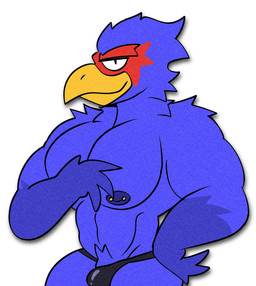 anthro barbell_piercing beak big_butt blue_body bulge butt clothing feathers grin headgear male muscular muscular_male narrowed_eyes nipple_barbell nipple_piercing nipples pecs piercing pointillism simple_background smile solo tail tail_feathers thick_arms thong underwear white_background yellow_beak janjauwu nintendo star_fox falco_lombardi avian bird digital_media_(artwork) half-length_portrait hi_res portrait