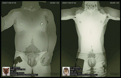 anthro armpit_hair athletic athletic_male ball_size_difference balls black_border body_hair border clothing duo foreskin genitals happy_trail identification male nipples oblivious overweight overweight_male penis penis_size_difference pube_peek pubes text translucent translucent_clothing translucent_underwear underwear x-ray_view kafka_(artist) ciro_(kafka) nash_(kafka) avian bird falcon falconid gulonine mammal mustelid musteline wolverine english_text hi_res