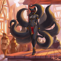 anthro ball_gag bdsm big_tail black_body black_fur blindfold bondage bound breasts chain clothing collar cuff_(restraint) curvy_figure female fur gag genitals gold_(metal) gold_chain gold_collar gold_jewelry gold_shackles group harem_girl harem_jewelry harem_outfit jewelry metal_collar multi_tail nipple_chain nipple_piercing nipples piercing restraints sex_slave shackled_ankles shackled_wrists shackles slave solo_focus submissive submissive_anthro submissive_female tail translucent translucent_clothing vulva caddea rozalina_dmitriyevna canid canine fox fox_spirit mammal 1:1 hi_res