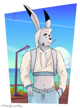 anthro band-aid band-aid_on_face bandage bandage_on_face blue_eyes bottomwear clothing day eyebrows fur hoodie light male navel outside shorts smile solo sunlight thick_eyebrows topwear white_body white_fur conditional_dnp gearfox98 francis_(gearfox98) hare lagomorph leporid mammal absurd_res digital_drawing_(artwork) digital_media_(artwork) hi_res
