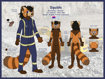 anthro bisexual_pride_colors black_hair black_nose blue_border blue_eyes blue_jumpsuit blue_text border breasts brown_body brown_fur brown_inner_ear_fluff clothed clothing excavator fangs featureless_breasts featureless_crotch female fully_clothed fur hair inner_ear_fluff lgbt_pride long_hair markings nude open_mouth open_smile orange_body orange_fur outline photo_background plantigrade ponytail pride_colors quarry ring_(marking) ringed_tail rock small_breasts smile snout solo standing striped_markings striped_tail stripes tail tail_markings teeth text tongue tools transgender_pride_colors tuft whisker_spots white_outline wrench cloudpie conditional_dnp ailurid mammal red_panda 2026 absurd_res character_name digital_drawing_(artwork) digital_media_(artwork) english_text flat_colors hi_res krita_(artwork) mixed_media model_sheet photography_(artwork) trans_(lore) trans_woman_(lore)