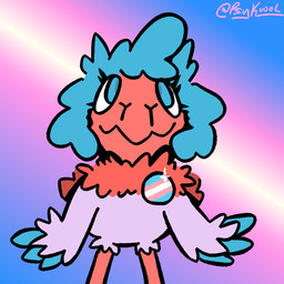 accessory beak blue_body blue_eyes blue_feathers blue_hair feathers female feral hair lgbt_pride looking_at_viewer neck_tuft pin_accessory pride_colors purple_body purple_feathers red_beak smile solo standing transgender_pride_colors tuft wings psykwol nintendo pokemon phoebe_the_archen_(psykwol) archen fossil_pokemon generation_5_pokemon pokemon_(species) 1:1 trans_(lore) trans_woman_(lore)