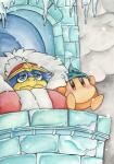 ambiguous_gender anthro blue_body blue_eyes blue_fur brown_eyes clothing cloud coat duo frown fur ice orange_body overcast sky snow topwear theakanemnon kirby_(series) nintendo bandana_waddle_dee king_dedede avian bird penguin waddling_head absurd_res hi_res traditional_media_(artwork)