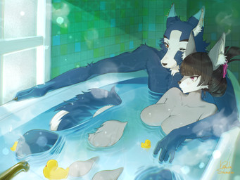 5_fingers anthro arm_tuft bath bathing bathing_together bathroom bathroom_tiles bathtub big_breasts big_tail biped black_nose blue_body blue_fur blush blush_lines breasts bright_colors bright_light cheek_tuft christian_cross christian_symbol cross cross_(marking) cross_piercing detailed_background dipstick_ears duo ear_markings ear_piercing ears_up eye_contact eyebrows eyelashes facial_tuft faucet featureless_breasts female fingers fluffy fluffy_chest fur glass grey_body grey_fur head_tuft hug huge_breasts humanoid_hands inner_ear_fluff inside kemono lens_flare looking_at_another male male/female multicolored_ears nude one_eye_closed partially_submerged piercing pigtails pink_eyes red_eyes reflection religion religious_symbol romantic romantic_couple rubber_duck shoulder_tuft sitting_on_another sparkles steam tail tail_tuft tuft water water_ripple white_body white_fur window window_light ssrnuts christianity himezawa_lawchi luzenith_lawchi canid canine canis dire_wolf mammal prehistoric_species wolf 2025 chromatic_aberration digital_drawing_(artwork) digital_media_(artwork) hi_res shaded watermark
