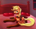 2014 anus applejack_(mlp) bed bedroom blonde_hair blush butt clothing ear_piercing earth_pony equid equine female feral freckles friendship_is_magic fur furniture genitals gloves green_eyes hair handwear hasbro hi_res horse inside legwear looking_at_viewer lying mammal my_little_pony on_bed on_side orange_body orange_fur piercing pillow pony pussy smile smokedpone solo spread_pussy spreading stockings
