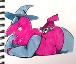 aircraft airplane anthro belly big_belly big_butt breasts butt clothing female grey_clothing grey_legwear grey_stockings hat headgear headwear legwear lying on_front pink_belly pink_body pink_breasts simple_background smile solo stockings thick_thighs vehicle white_background witch_hat sofmallow nebula_(sofmallow) animate_inanimate 2022 hi_res traditional_media_(artwork) nonbinary_(lore)